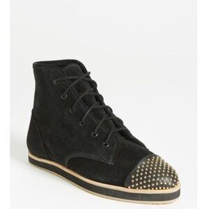 NEW Loeffler Randall Women's Octavia Sneaker Black Mid Suede Leather Gold Studs